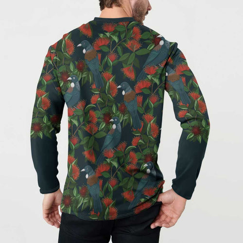 New Zealand Christmas Button Sweatshirt Romantic Tui Birds on Pohutukawa - Cobalt - Aussie Hoodie