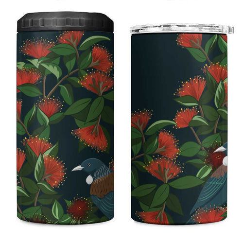 New Zealand Christmas 4 in 1 Can Cooler Tumbler Romantic Tui Birds on Pohutukawa - Cobalt - Aussie Hoodie