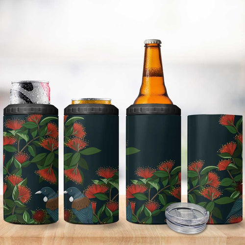 New Zealand Christmas 4 in 1 Can Cooler Tumbler Romantic Tui Birds on Pohutukawa - Cobalt - Aussie Hoodie