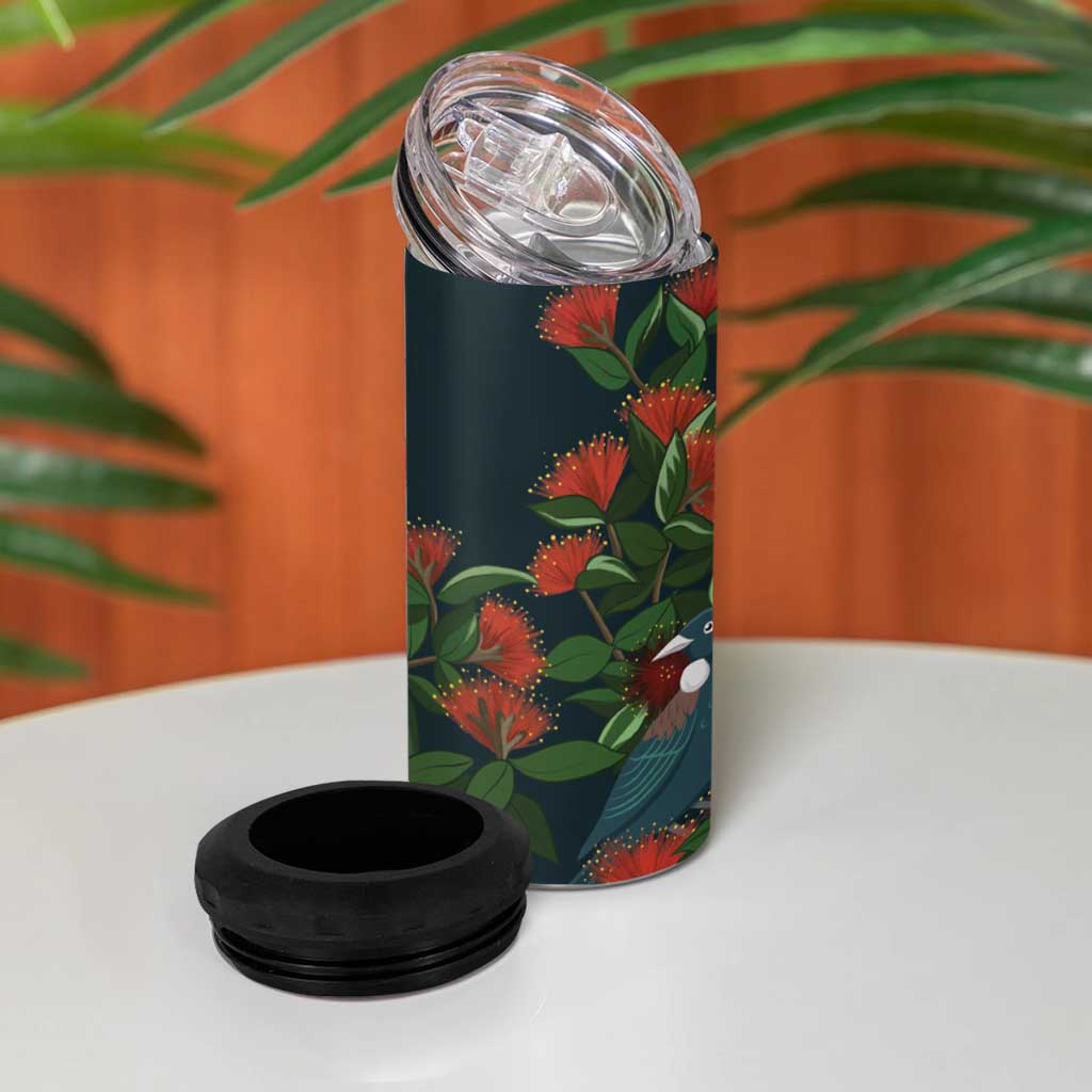 New Zealand Christmas 4 in 1 Can Cooler Tumbler Romantic Tui Birds on Pohutukawa - Cobalt - Aussie Hoodie