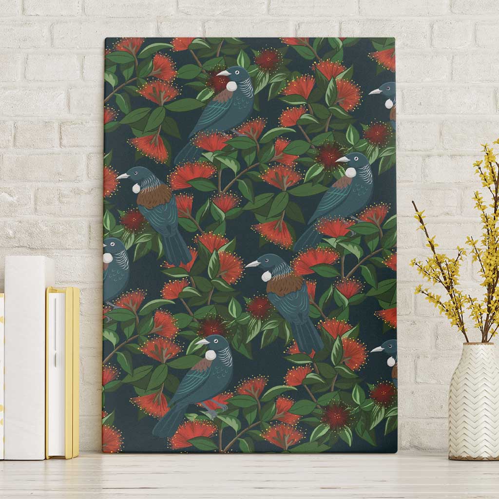 New Zealand Christmas Canvas Wall Art Romantic Tui Birds on Pohutukawa - Cobalt - Aussie Hoodie
