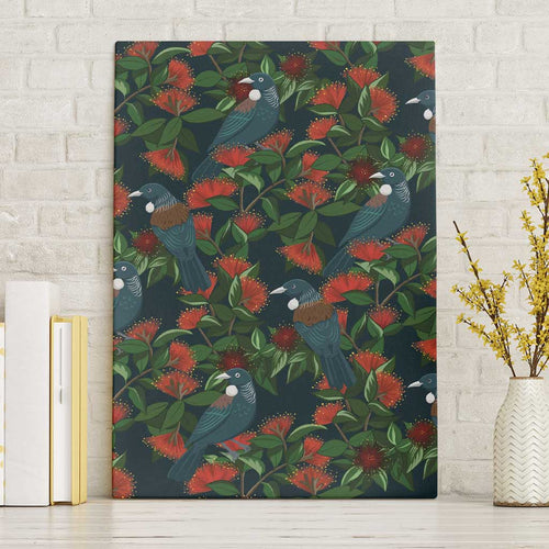 New Zealand Christmas Canvas Wall Art Romantic Tui Birds on Pohutukawa - Cobalt - Aussie Hoodie