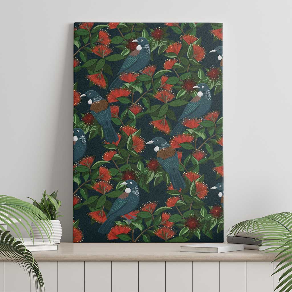 New Zealand Christmas Canvas Wall Art Romantic Tui Birds on Pohutukawa - Cobalt - Aussie Hoodie