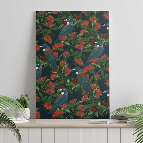 New Zealand Christmas Canvas Wall Art Romantic Tui Birds on Pohutukawa - Cobalt - Aussie Hoodie