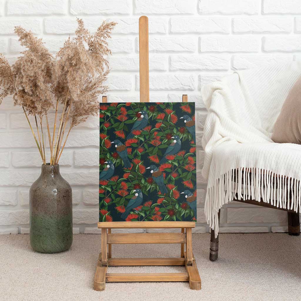 New Zealand Christmas Canvas Wall Art Romantic Tui Birds on Pohutukawa - Cobalt - Aussie Hoodie
