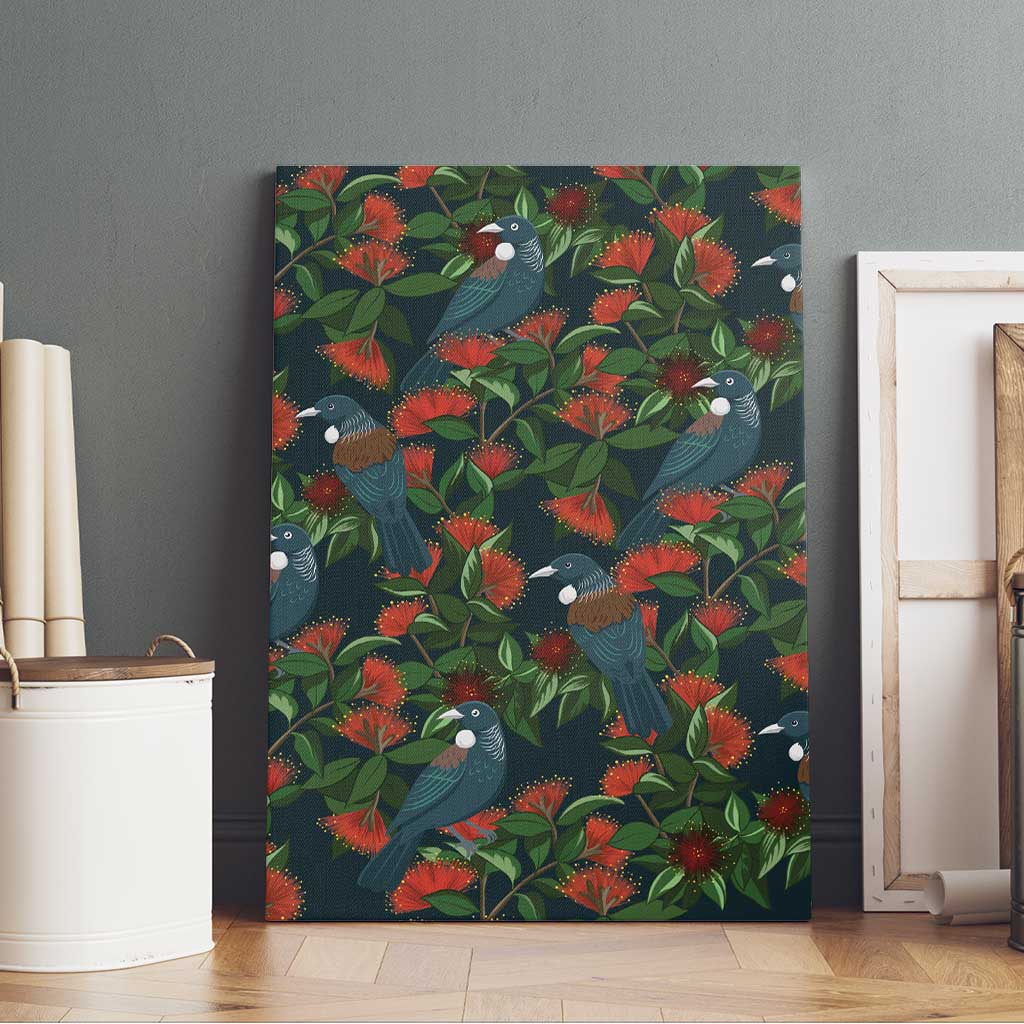 New Zealand Christmas Canvas Wall Art Romantic Tui Birds on Pohutukawa - Cobalt - Aussie Hoodie