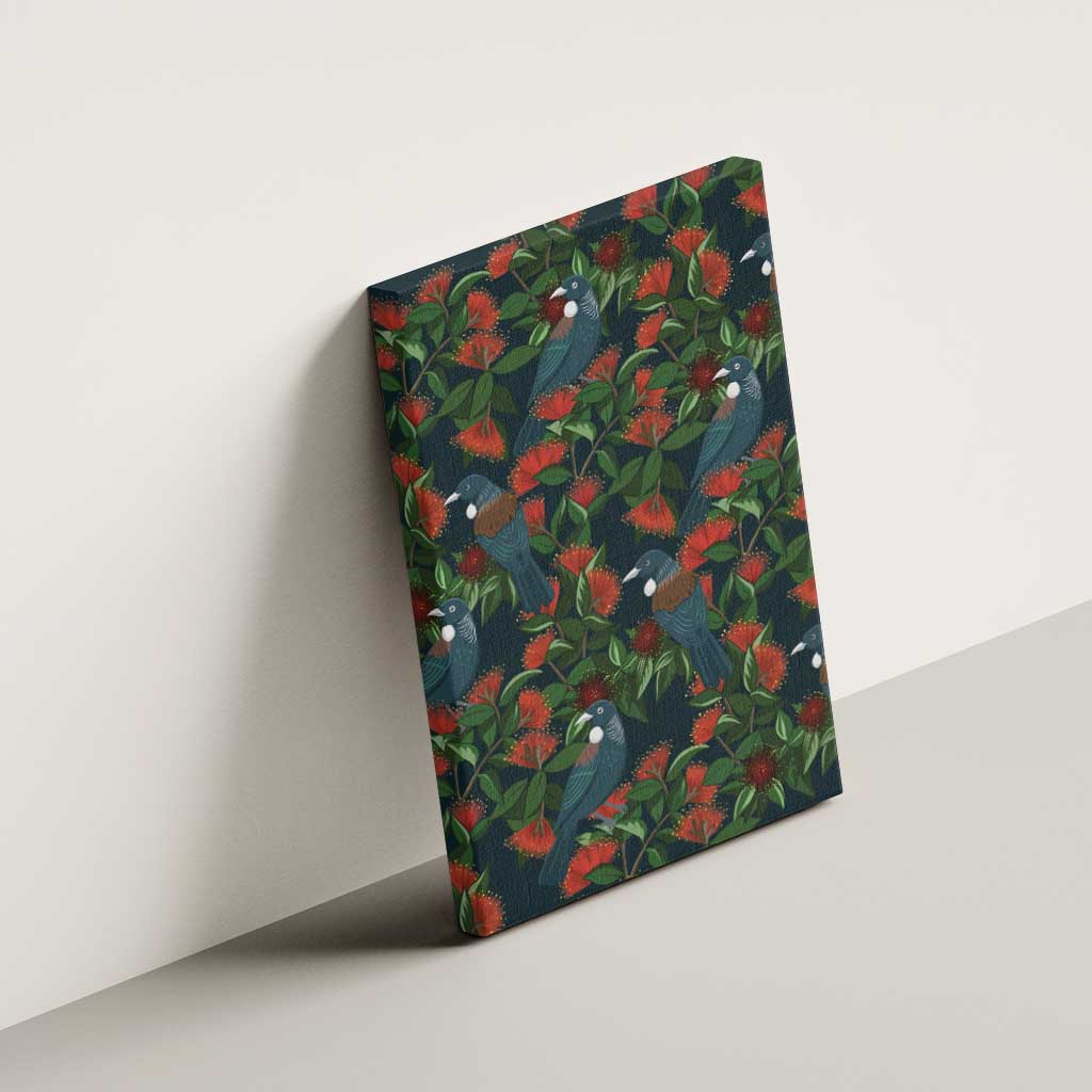 New Zealand Christmas Canvas Wall Art Romantic Tui Birds on Pohutukawa - Cobalt - Aussie Hoodie