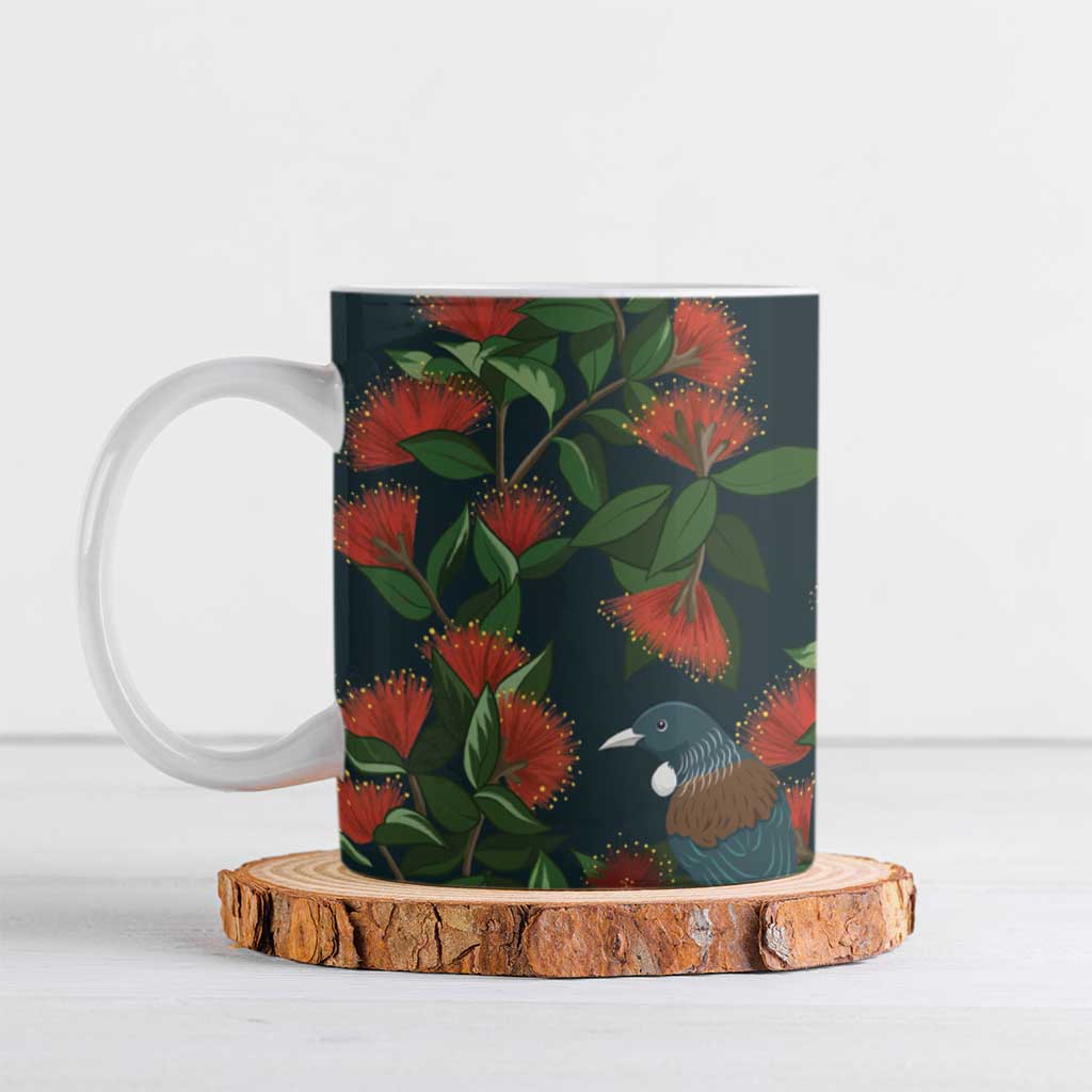 New Zealand Christmas Ceramic Mug Romantic Tui Birds on Pohutukawa - Cobalt - Aussie Hoodie