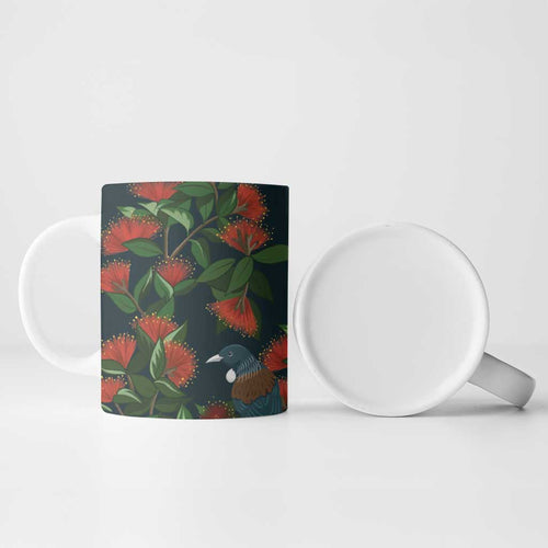 New Zealand Christmas Ceramic Mug Romantic Tui Birds on Pohutukawa - Cobalt - Aussie Hoodie