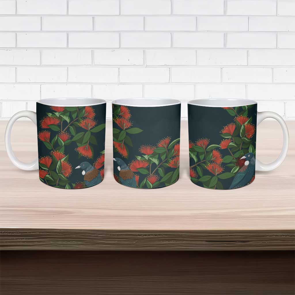 New Zealand Christmas Ceramic Mug Romantic Tui Birds on Pohutukawa - Cobalt - Aussie Hoodie
