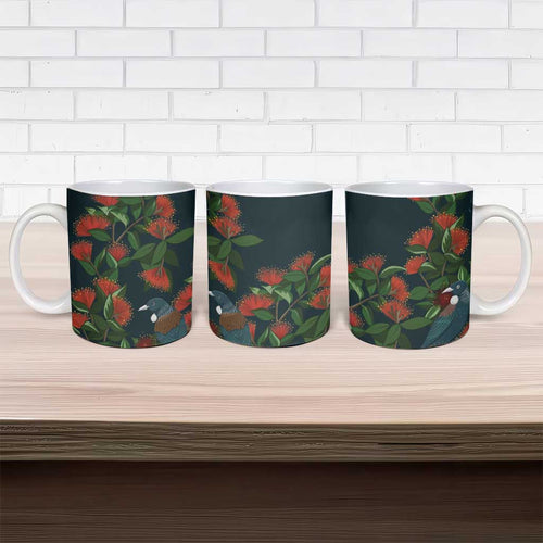 New Zealand Christmas Ceramic Mug Romantic Tui Birds on Pohutukawa - Cobalt - Aussie Hoodie