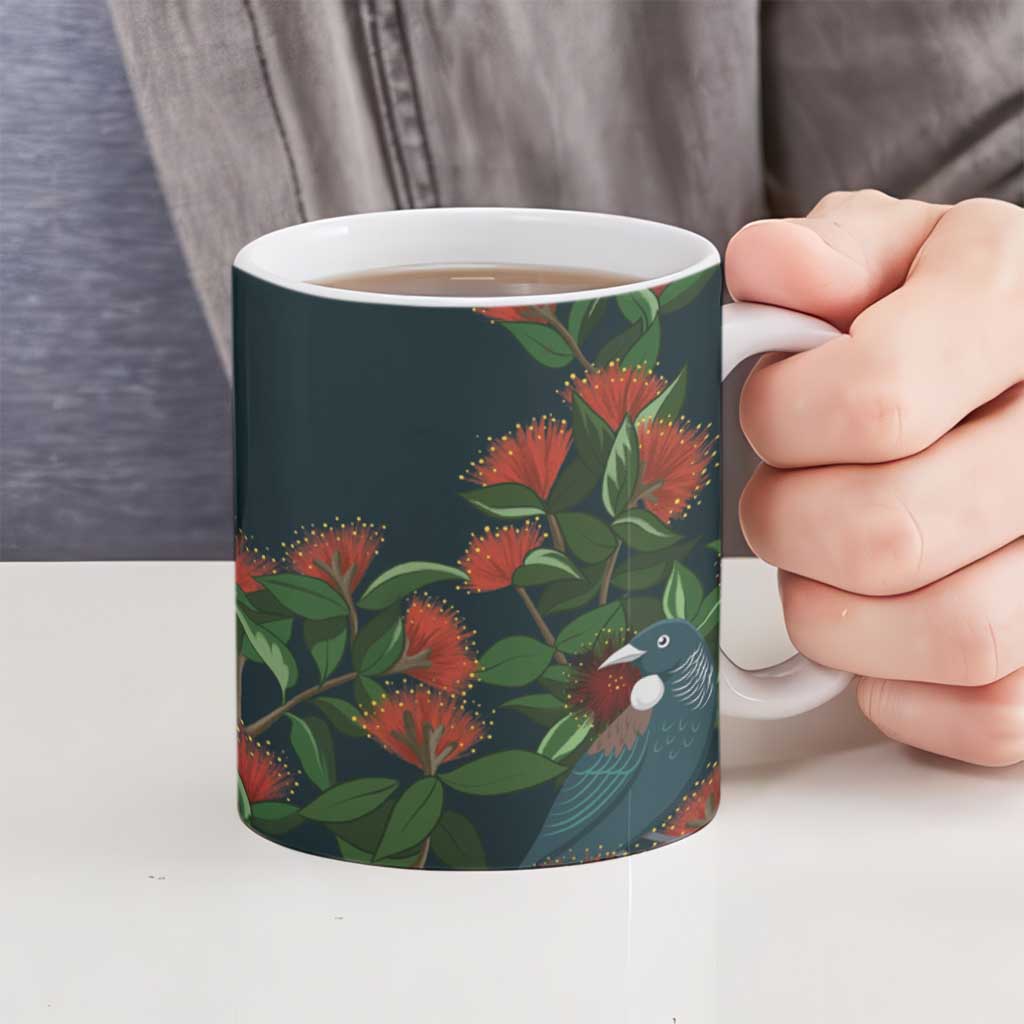 New Zealand Christmas Ceramic Mug Romantic Tui Birds on Pohutukawa - Cobalt - Aussie Hoodie