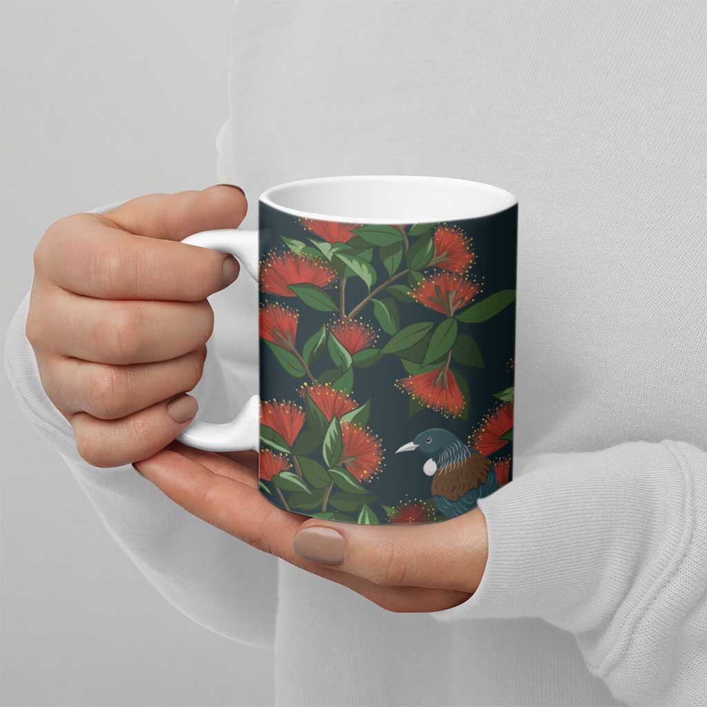 New Zealand Christmas Ceramic Mug Romantic Tui Birds on Pohutukawa - Cobalt - Aussie Hoodie