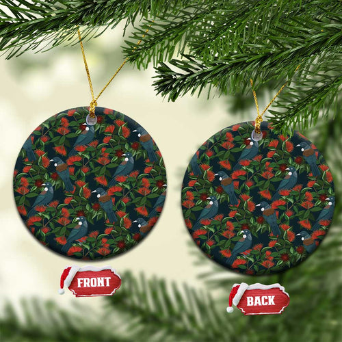 New Zealand Christmas Ceramic Ornament Romantic Tui Birds on Pohutukawa - Cobalt - Aussie Hoodie