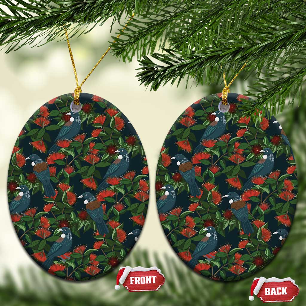 New Zealand Christmas Ceramic Ornament Romantic Tui Birds on Pohutukawa - Cobalt - Aussie Hoodie