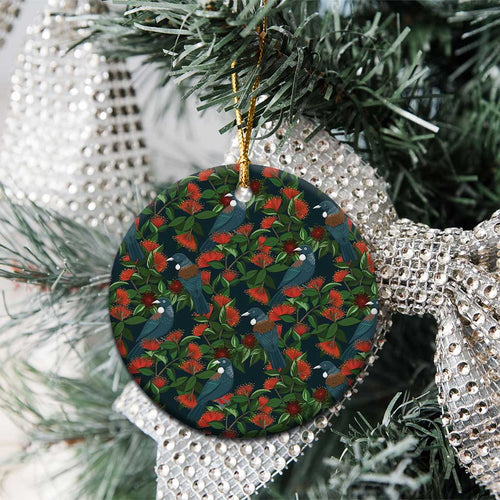 New Zealand Christmas Ceramic Ornament Romantic Tui Birds on Pohutukawa - Cobalt - Aussie Hoodie