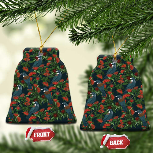 New Zealand Christmas Ceramic Ornament Romantic Tui Birds on Pohutukawa - Cobalt - Aussie Hoodie
