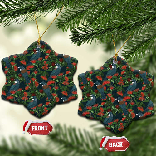 New Zealand Christmas Ceramic Ornament Romantic Tui Birds on Pohutukawa - Cobalt - Aussie Hoodie