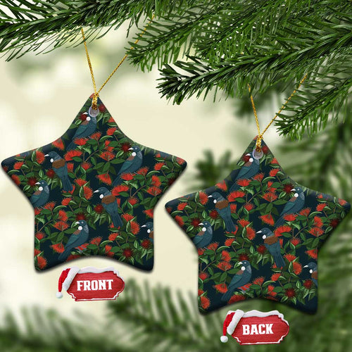 New Zealand Christmas Ceramic Ornament Romantic Tui Birds on Pohutukawa - Cobalt - Aussie Hoodie