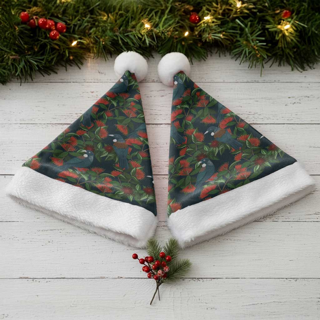 New Zealand Christmas Santa Hat Romantic Tui Birds on Pohutukawa - Cobalt - Aussie Hoodie