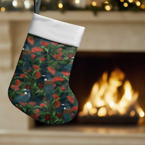 New Zealand Christmas Stocking Romantic Tui Birds on Pohutukawa - Cobalt - Aussie Hoodie