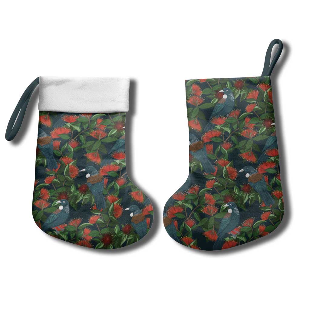 New Zealand Christmas Stocking Romantic Tui Birds on Pohutukawa - Cobalt - Aussie Hoodie