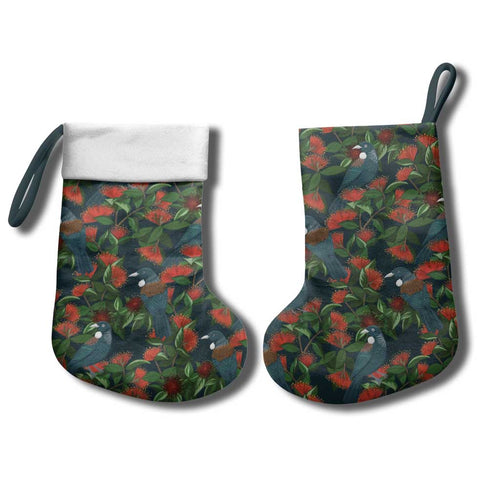 New Zealand Christmas Stocking Romantic Tui Birds on Pohutukawa - Cobalt - Aussie Hoodie