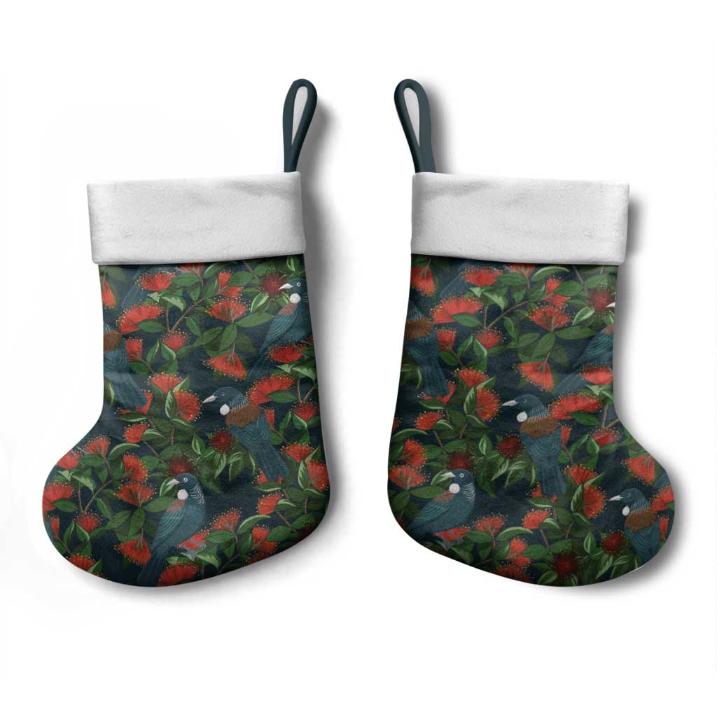 New Zealand Christmas Stocking Romantic Tui Birds on Pohutukawa - Cobalt - Aussie Hoodie