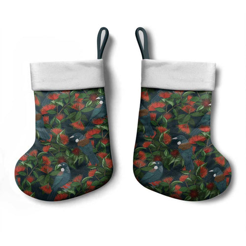 New Zealand Christmas Stocking Romantic Tui Birds on Pohutukawa - Cobalt - Aussie Hoodie