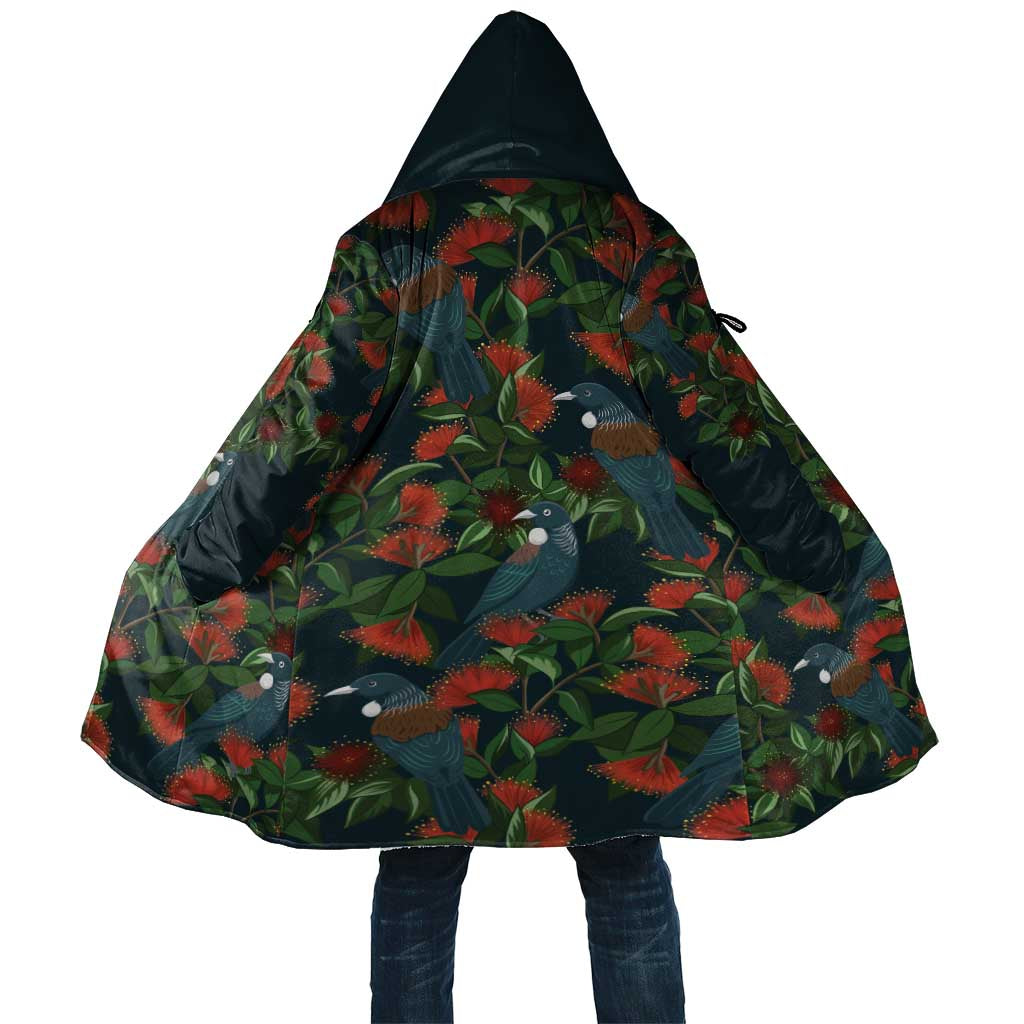New Zealand Christmas Cloak Romantic Tui Birds on Pohutukawa - Cobalt - Aussie Hoodie