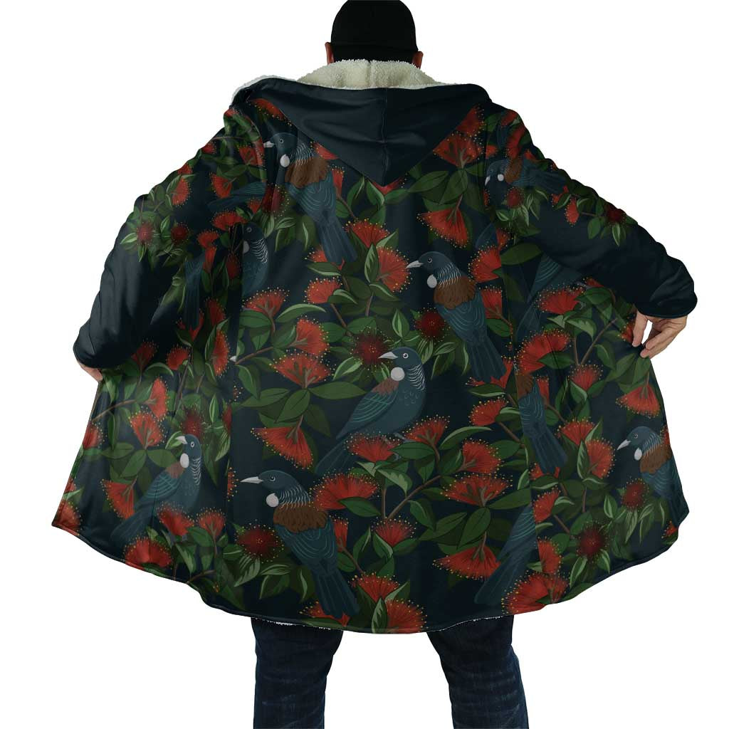 New Zealand Christmas Cloak Romantic Tui Birds on Pohutukawa - Cobalt - Aussie Hoodie