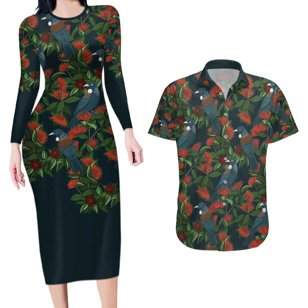New Zealand Christmas Couples Matching Long Sleeve Bodycon Dress and Hawaiian Shirt Romantic Tui Birds on Pohutukawa - Cobalt - Aussie Hoodie