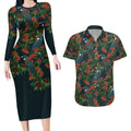 New Zealand Christmas Couples Matching Long Sleeve Bodycon Dress and Hawaiian Shirt Romantic Tui Birds on Pohutukawa - Cobalt - Aussie Hoodie