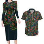 New Zealand Christmas Couples Matching Long Sleeve Bodycon Dress and Hawaiian Shirt Romantic Tui Birds on Pohutukawa - Cobalt - Aussie Hoodie