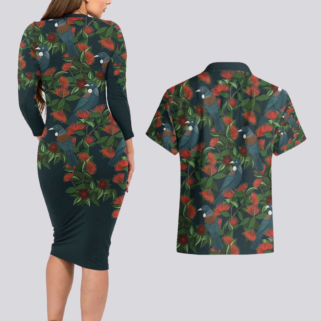 New Zealand Christmas Couples Matching Long Sleeve Bodycon Dress and Hawaiian Shirt Romantic Tui Birds on Pohutukawa - Cobalt - Aussie Hoodie