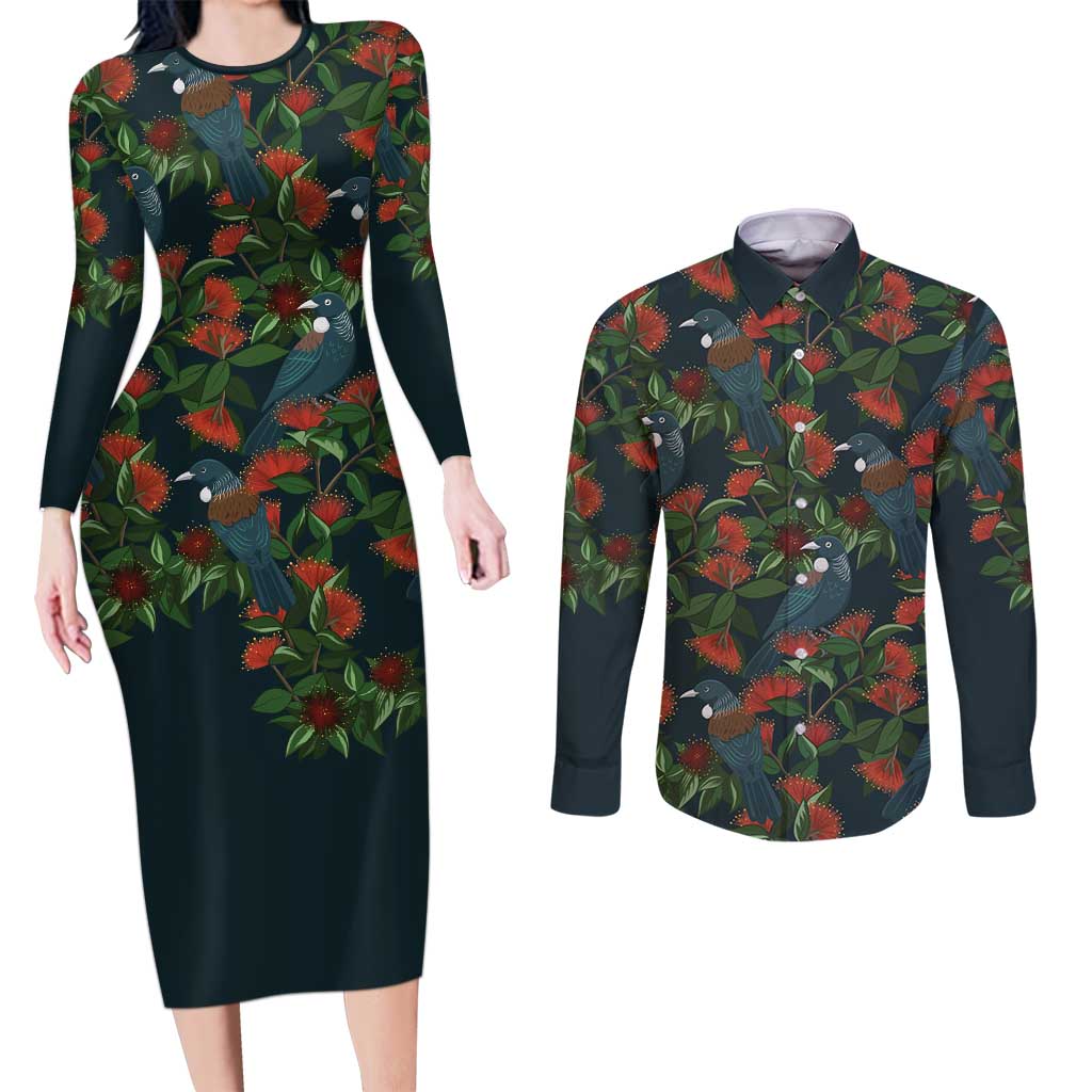 New Zealand Christmas Couples Matching Long Sleeve Bodycon Dress and Long Sleeve Button Shirt Romantic Tui Birds on Pohutukawa - Cobalt - Aussie Hoodie
