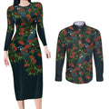 New Zealand Christmas Couples Matching Long Sleeve Bodycon Dress and Long Sleeve Button Shirt Romantic Tui Birds on Pohutukawa - Cobalt - Aussie Hoodie