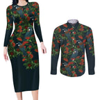 New Zealand Christmas Couples Matching Long Sleeve Bodycon Dress and Long Sleeve Button Shirt Romantic Tui Birds on Pohutukawa - Cobalt - Aussie Hoodie