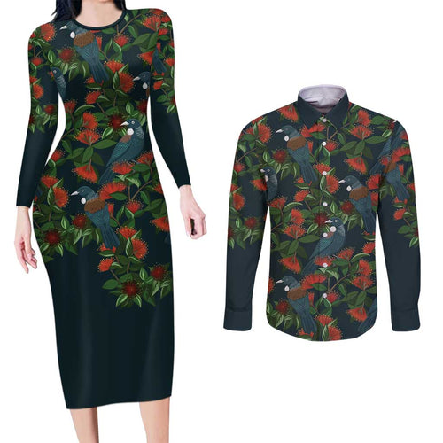 New Zealand Christmas Couples Matching Long Sleeve Bodycon Dress and Long Sleeve Button Shirt Romantic Tui Birds on Pohutukawa - Cobalt - Aussie Hoodie