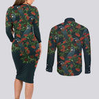 New Zealand Christmas Couples Matching Long Sleeve Bodycon Dress and Long Sleeve Button Shirt Romantic Tui Birds on Pohutukawa - Cobalt - Aussie Hoodie
