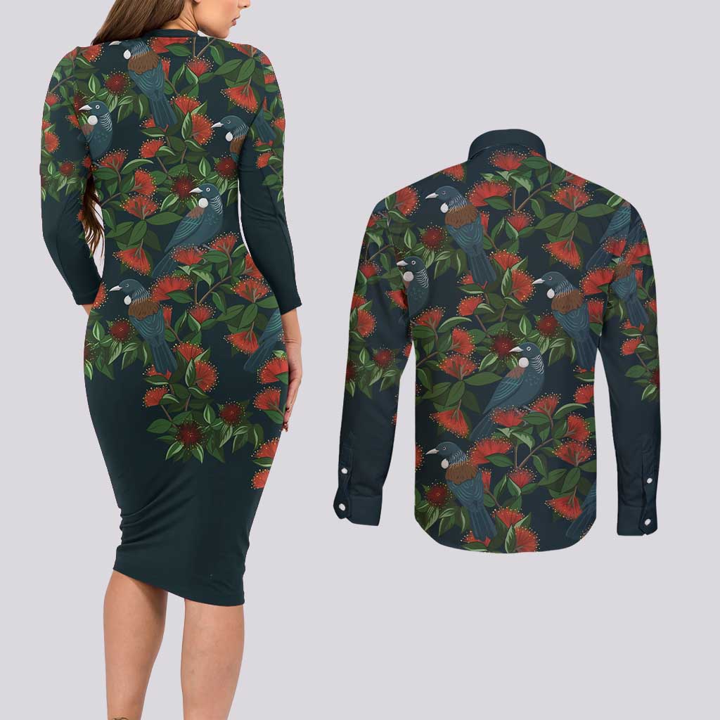 New Zealand Christmas Couples Matching Long Sleeve Bodycon Dress and Long Sleeve Button Shirt Romantic Tui Birds on Pohutukawa - Cobalt - Aussie Hoodie