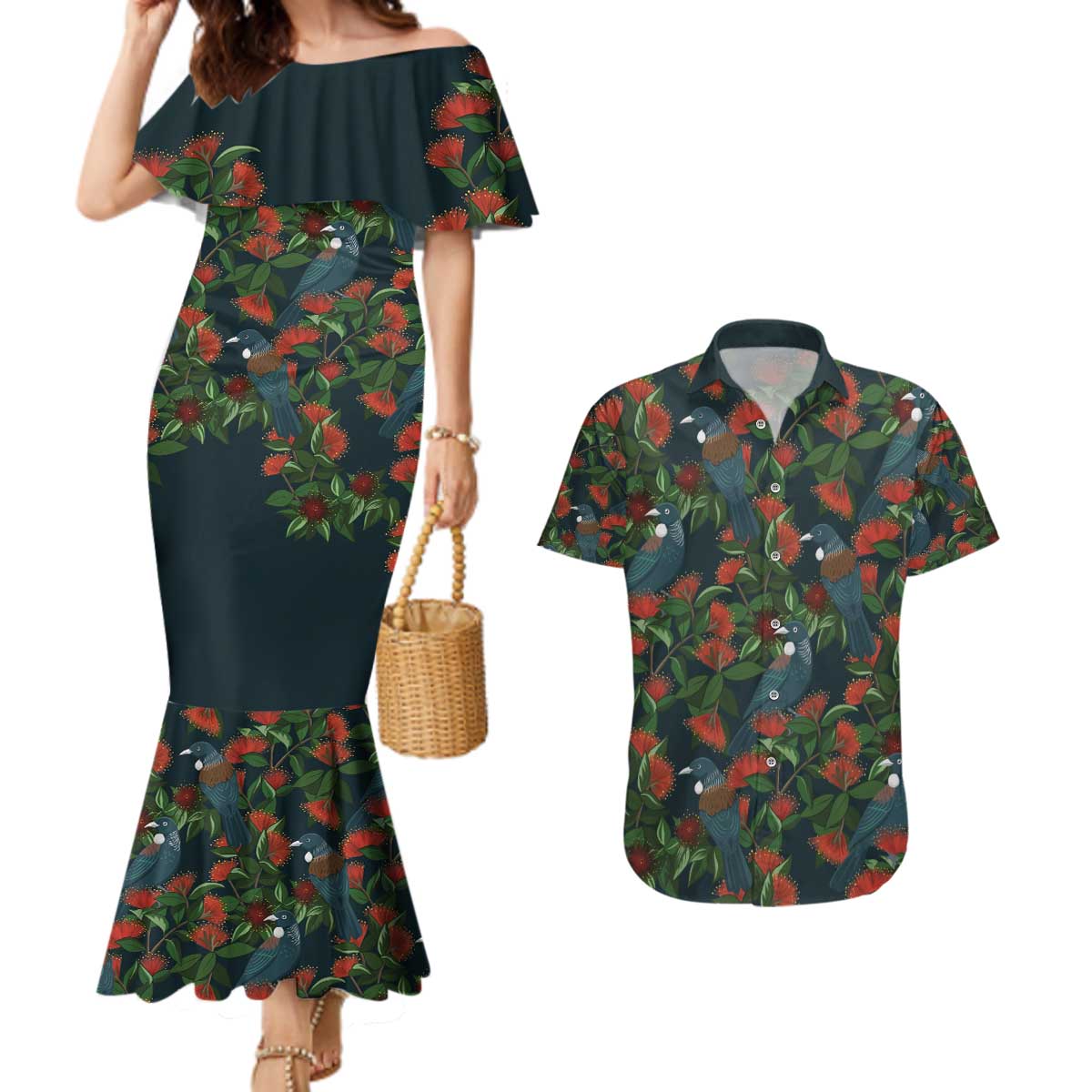 New Zealand Christmas Couples Matching Mermaid Dress and Hawaiian Shirt Romantic Tui Birds on Pohutukawa - Cobalt - Aussie Hoodie