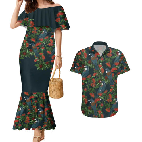 New Zealand Christmas Couples Matching Mermaid Dress and Hawaiian Shirt Romantic Tui Birds on Pohutukawa - Cobalt - Aussie Hoodie