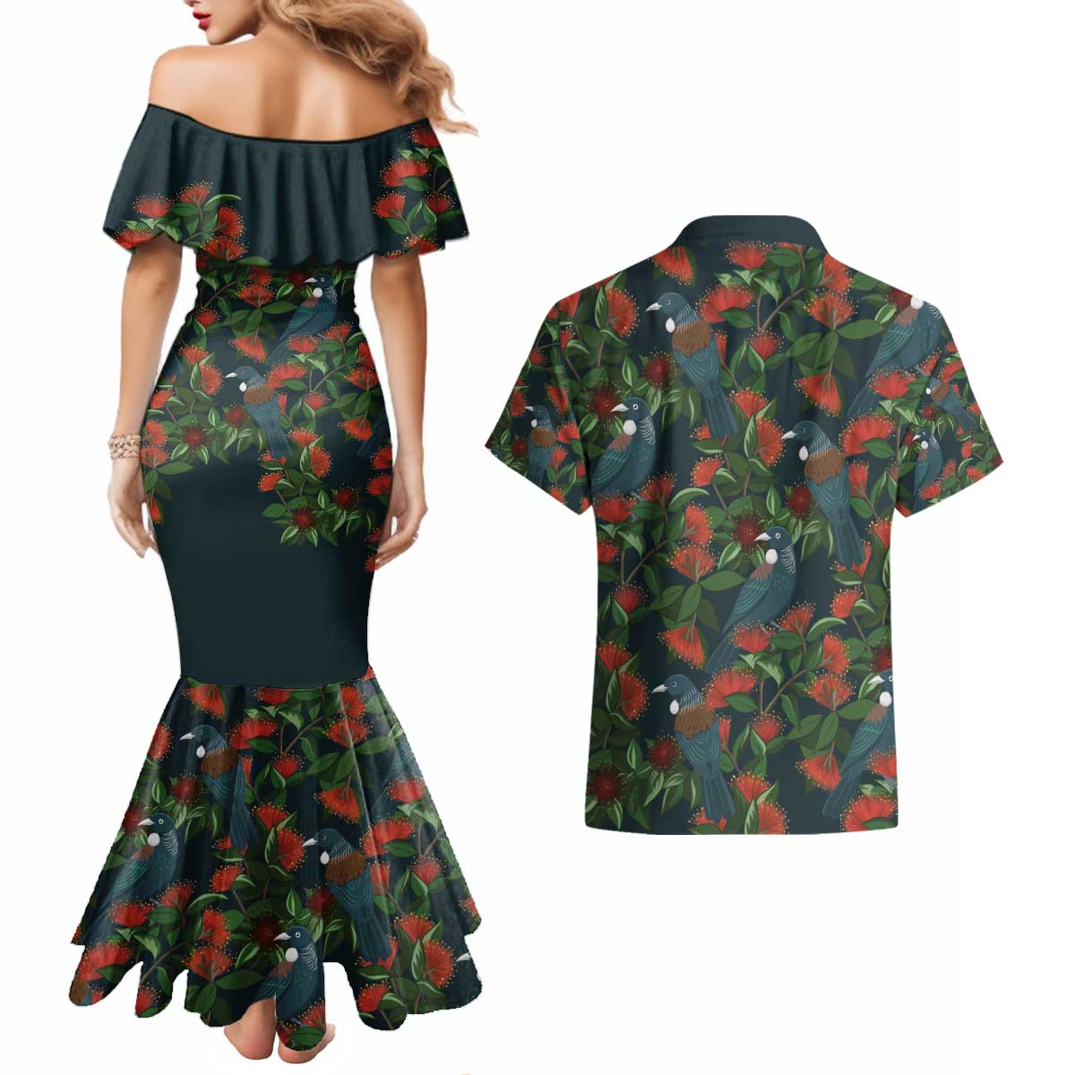 New Zealand Christmas Couples Matching Mermaid Dress and Hawaiian Shirt Romantic Tui Birds on Pohutukawa - Cobalt - Aussie Hoodie