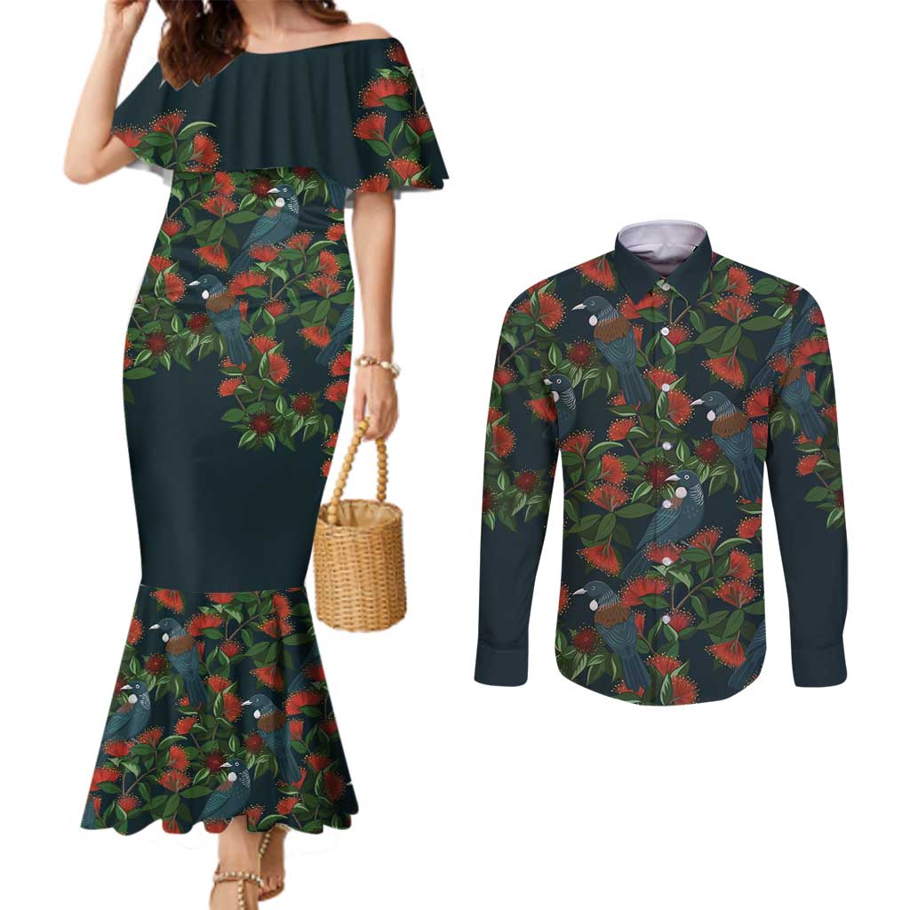 New Zealand Christmas Couples Matching Mermaid Dress and Long Sleeve Button Shirt Romantic Tui Birds on Pohutukawa - Cobalt - Aussie Hoodie