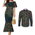 New Zealand Christmas Couples Matching Mermaid Dress and Long Sleeve Button Shirt Romantic Tui Birds on Pohutukawa - Cobalt - Aussie Hoodie