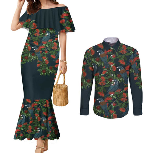 New Zealand Christmas Couples Matching Mermaid Dress and Long Sleeve Button Shirt Romantic Tui Birds on Pohutukawa - Cobalt - Aussie Hoodie