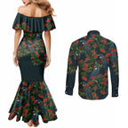 New Zealand Christmas Couples Matching Mermaid Dress and Long Sleeve Button Shirt Romantic Tui Birds on Pohutukawa - Cobalt - Aussie Hoodie