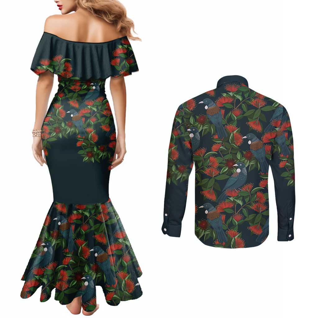 New Zealand Christmas Couples Matching Mermaid Dress and Long Sleeve Button Shirt Romantic Tui Birds on Pohutukawa - Cobalt - Aussie Hoodie