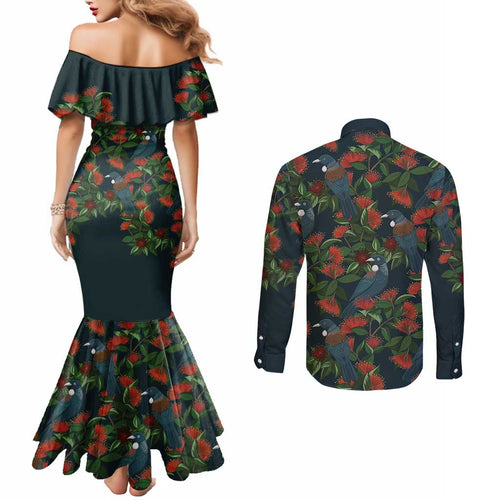 New Zealand Christmas Couples Matching Mermaid Dress and Long Sleeve Button Shirt Romantic Tui Birds on Pohutukawa - Cobalt - Aussie Hoodie